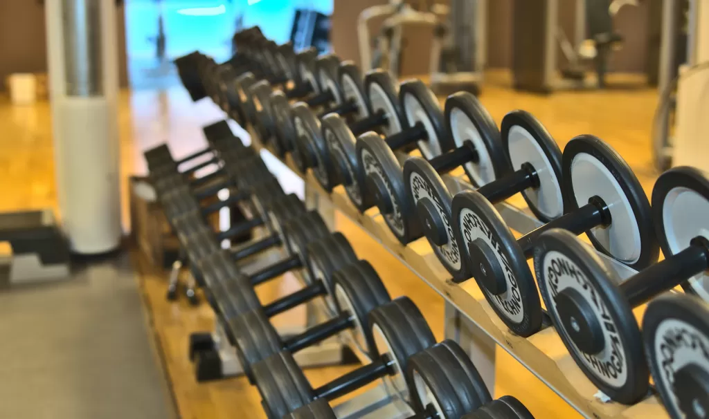Fully equipped gym with a variety of dumbbells 
